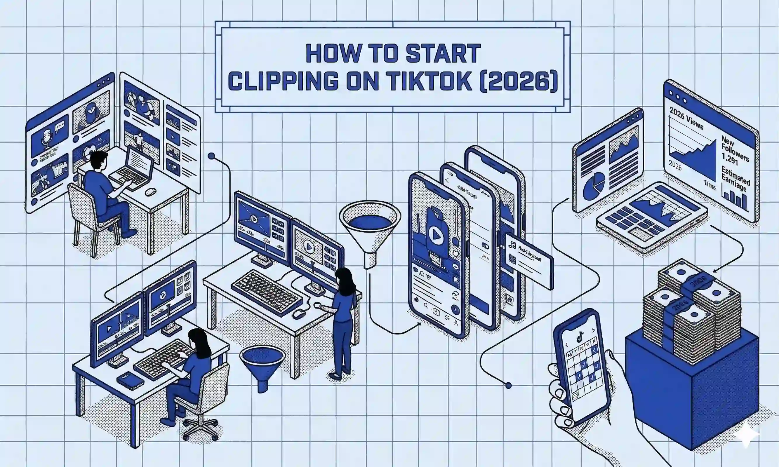 Illustrated workflow showing how to start clipping on TikTok in 2026 with editing screens, mobile previews, analytics, and payouts.