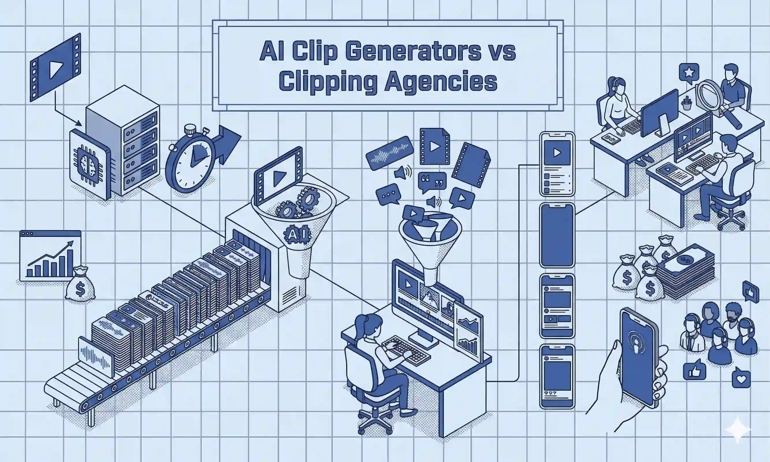 Illustrated comparison of AI clip generators versus clipping agencies, showing automation, editing workflow, distribution accounts, analytics, and payouts.