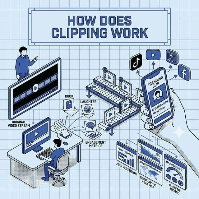 Blueprint-style illustration showing the clipping process from source content and editing through distribution, review cycles, and performance tracking.