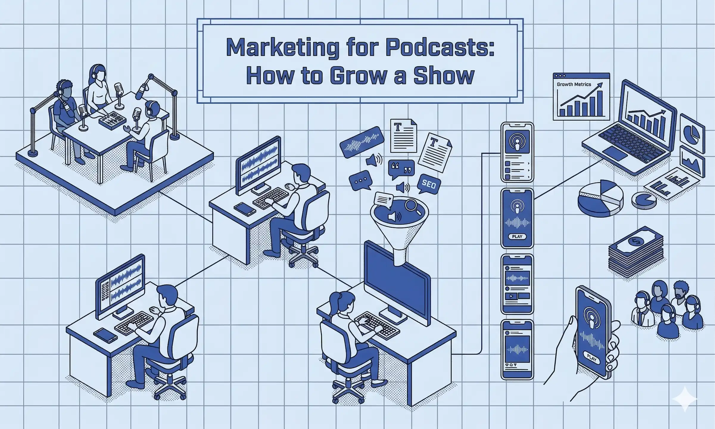 Blueprint-style illustration showing podcast marketing channels including recording, clip editing, SEO, short-form distribution, analytics, and audience growth.