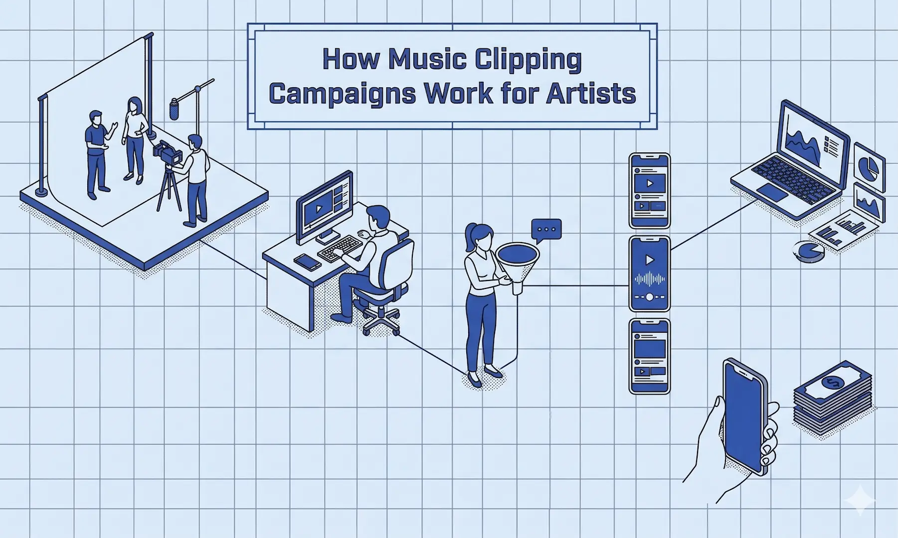 Blueprint-style illustration showing a music clipping campaign workflow for artists, from source mining and editing to creator distribution and reporting.