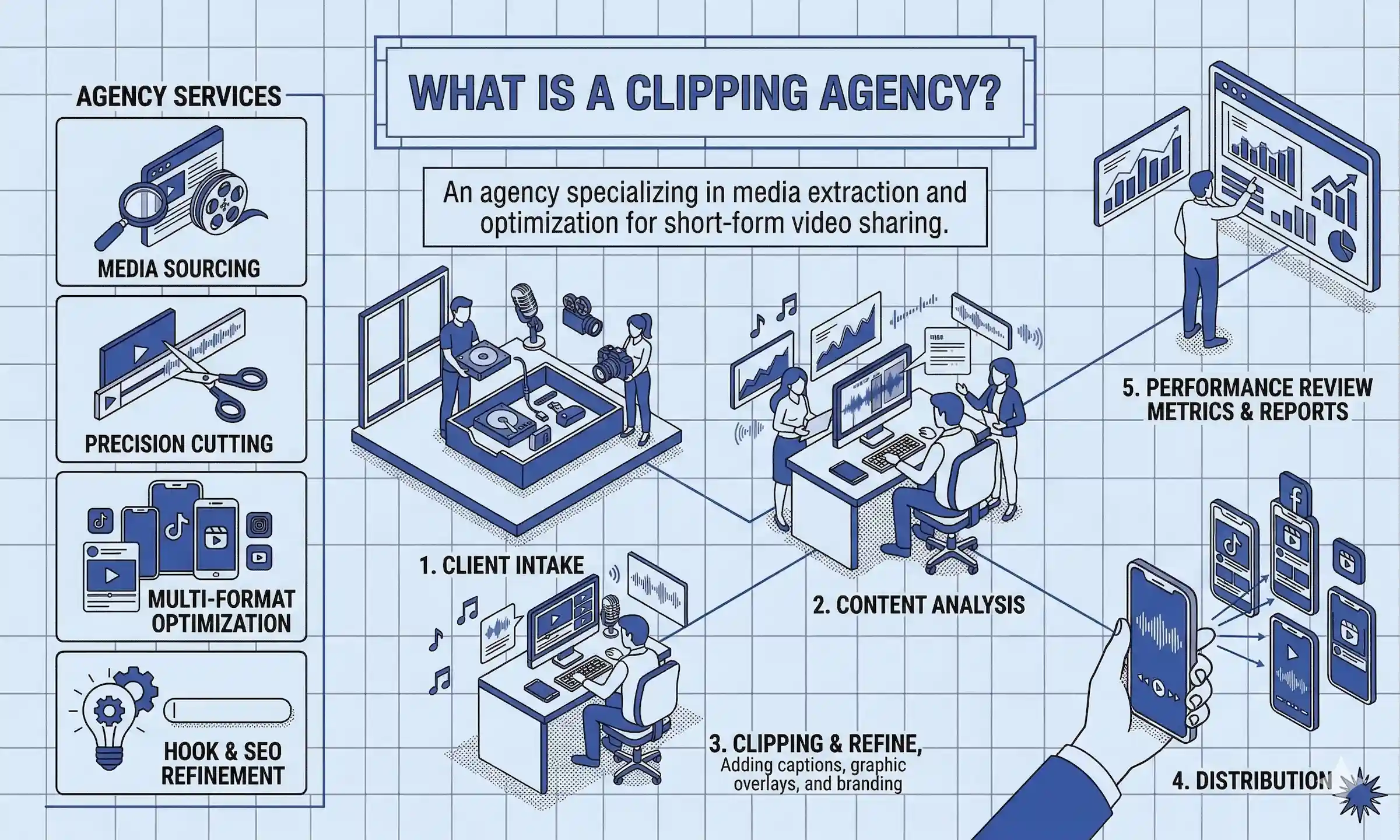 Blueprint-style illustration of a clipping agency workflow showing client intake, content analysis, clipping refinement, distribution, and performance reporting.