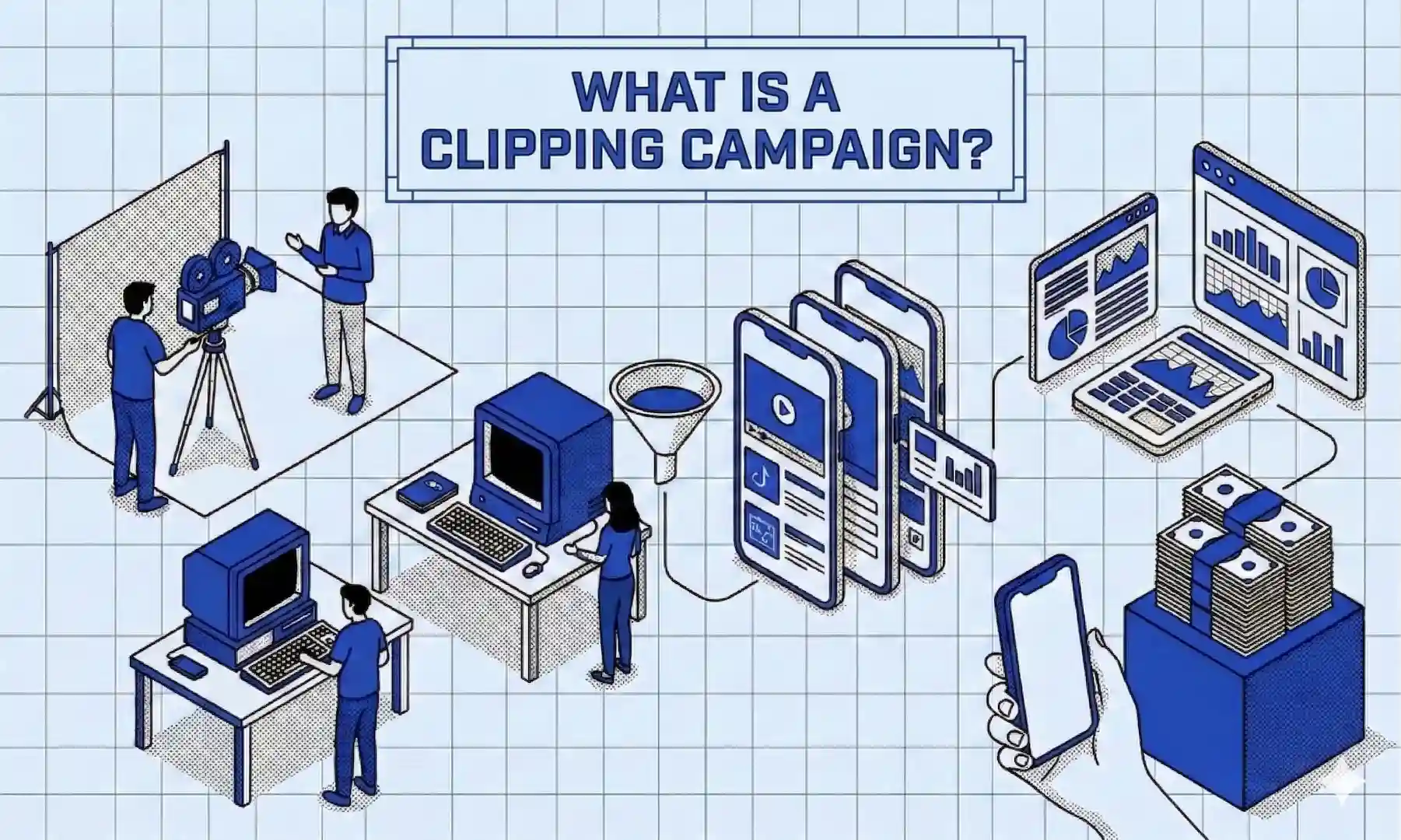 Blueprint-style illustration explaining how a clipping campaign turns source content into distributed short-form videos across creator accounts.
