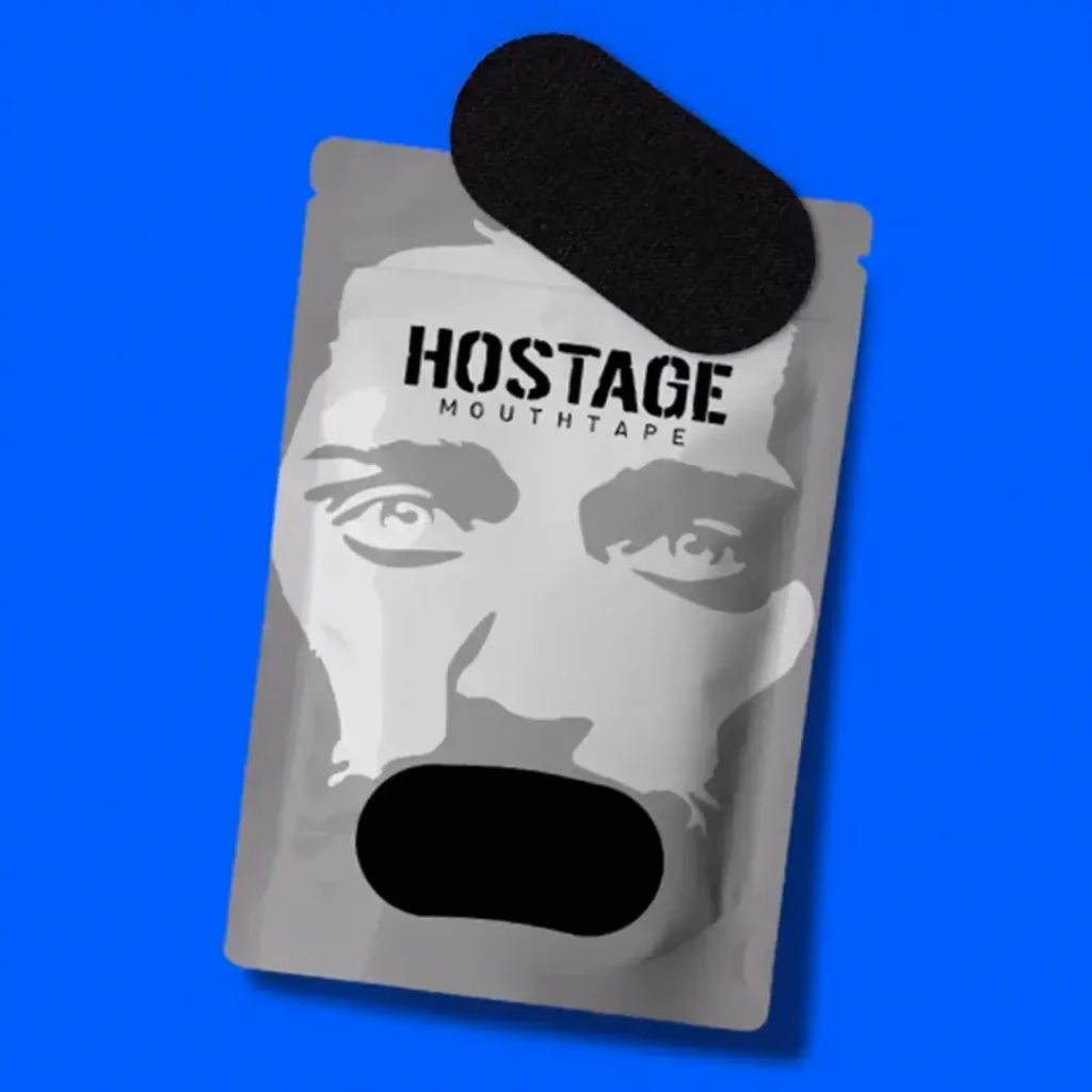 Hostage Tape mouth tape pack on a blue background