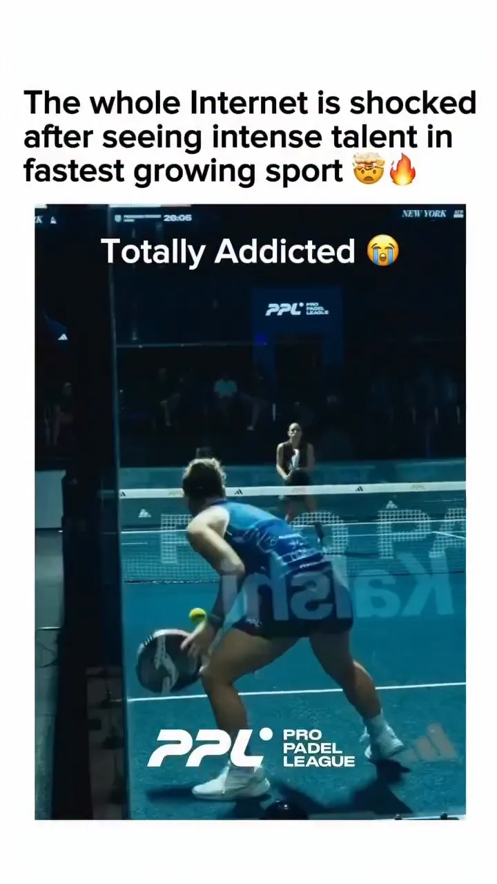 A Pro Padel League rally clip captioned “Totally Addicted”