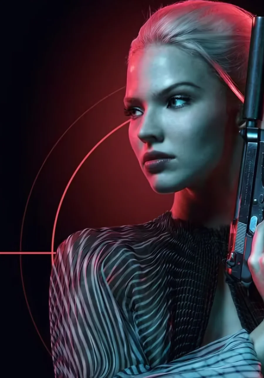 Anna (2019) key art: the title character holding a silenced pistol