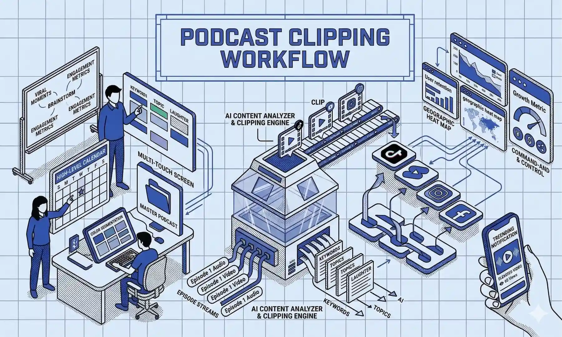 Blueprint-style illustration of a podcast clipping workflow from content analysis and clipping to captioning, packaging, and distribution.